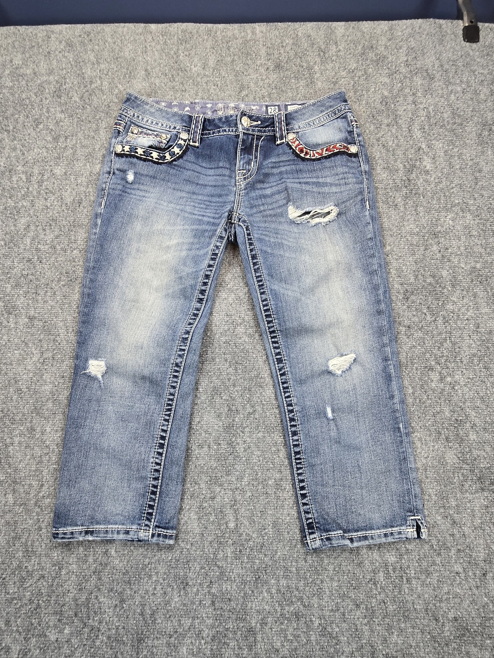 Miss Me Womens 28 Signature Capri Jeans USA Flag Distressed Y2K Cropped Denim